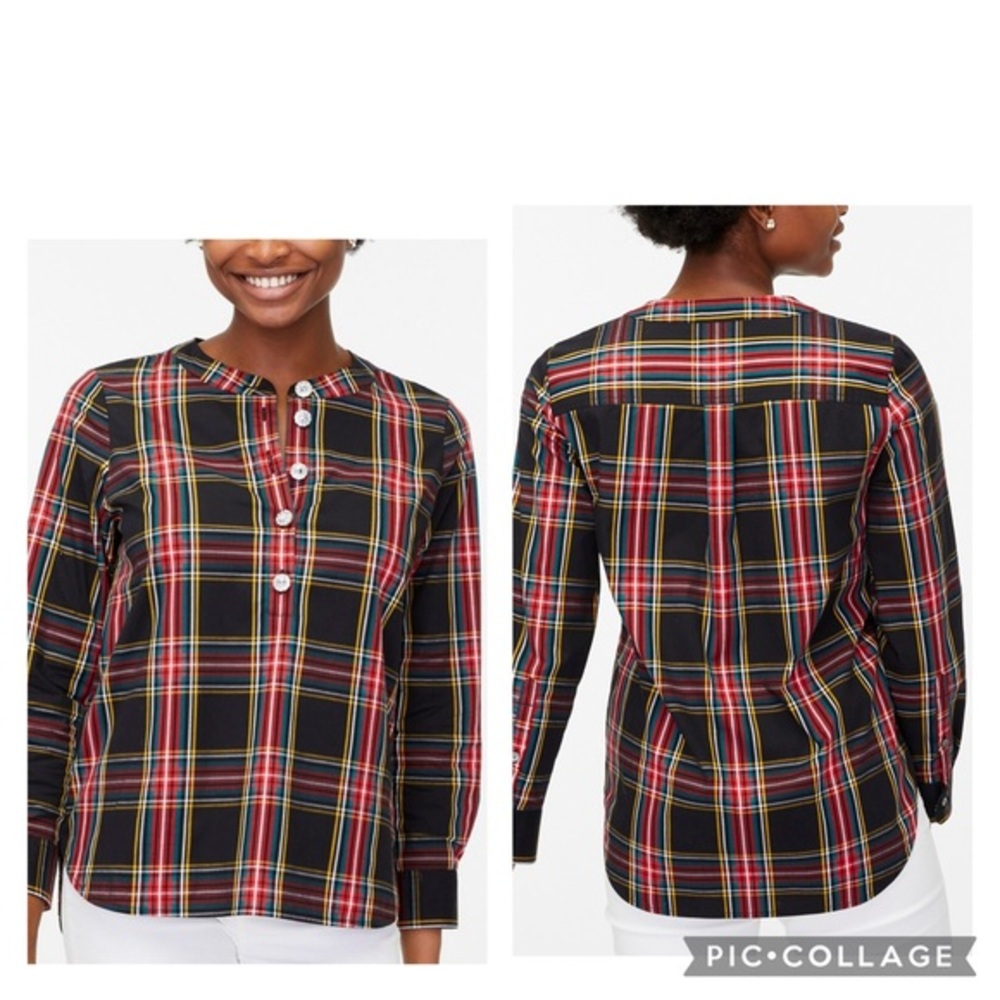 J Crew Stewart Plaid Cotton Popover Tunic Top w/Jeweled Buttons Sz M
